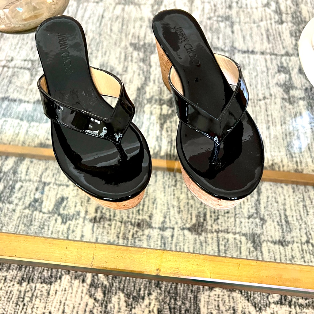 Jimmy Choo Black Patent Thong Platform Sandal.